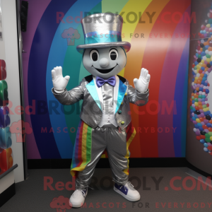 Mascot character of a Silver Rainbow dressed with a Waistcoat and Hat pins