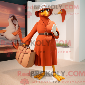 Mascot character of a Rust Gull dressed with a Culottes and Handbags