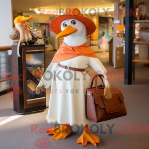 Mascot character of a Rust Gull dressed with a Culottes and Handbags