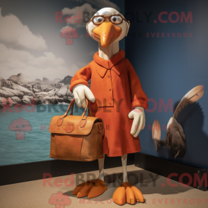 Mascot character of a Rust Gull dressed with a Culottes and Handbags
