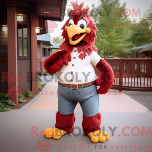 Mascot character of a Maroon Roosters dressed with a Mom Jeans and Belts