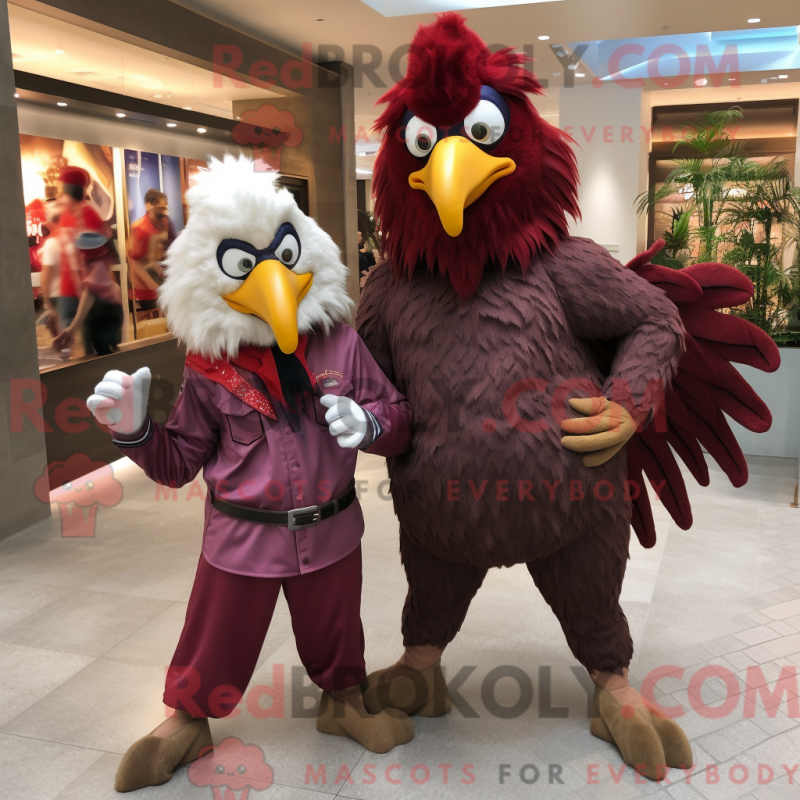 Mascot character of a Maroon Roosters dressed with a Mom Jeans and Belts