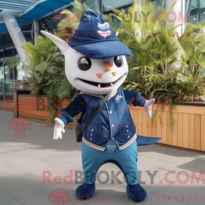 Mascot character of a Navy Swordfish dressed with a Jeans and Keychains