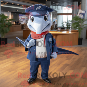 Mascot character of a Navy Swordfish dressed with a Jeans and Keychains