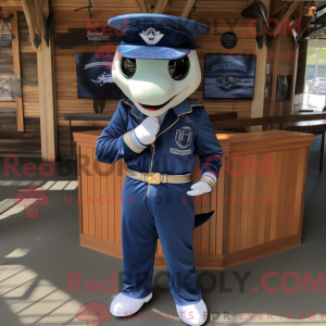 Mascot character of a Navy Swordfish dressed with a Jeans and Keychains