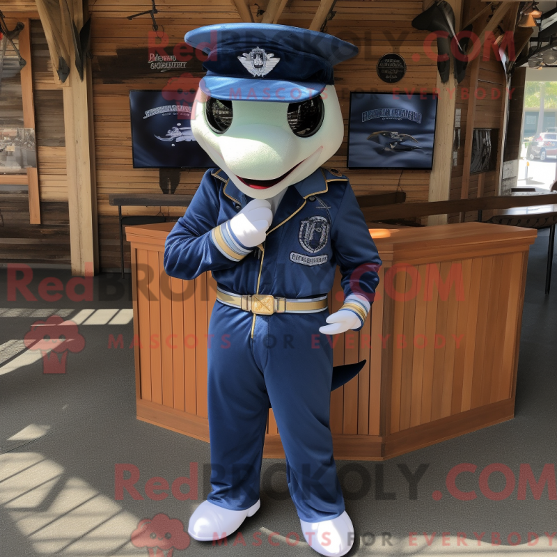 Mascot character of a Navy Swordfish dressed with a Jeans and Keychains