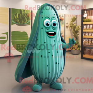 Mascot character of a Cyan Cucumber dressed with a Sweater and Shawl pins