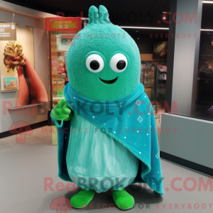 Mascot character of a Cyan Cucumber dressed with a Sweater and Shawl pins