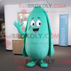 Mascot character of a Cyan Cucumber dressed with a Sweater and Shawl pins