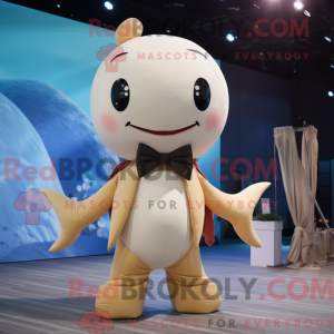 Mascot character of a Beige Whale dressed with a Bikini and Bow ties