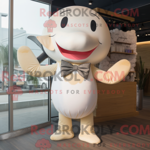 Mascot character of a Beige Whale dressed with a Bikini and Bow ties