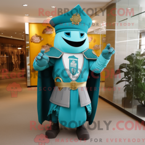 Mascot character of a Turquoise Medieval Knight dressed with a Coat and Hat pins