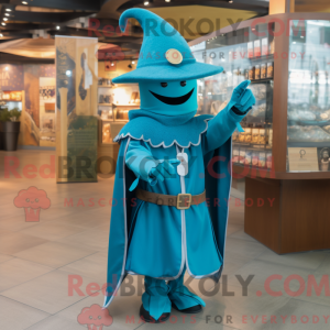 Mascot character of a Turquoise Medieval Knight dressed with a Coat and Hat pins