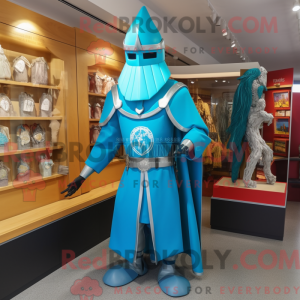 Mascot character of a Turquoise Medieval Knight dressed with a Coat and Hat pins