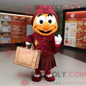 Mascot character of a Maroon Mandarin dressed with a Wrap Skirt and Briefcases