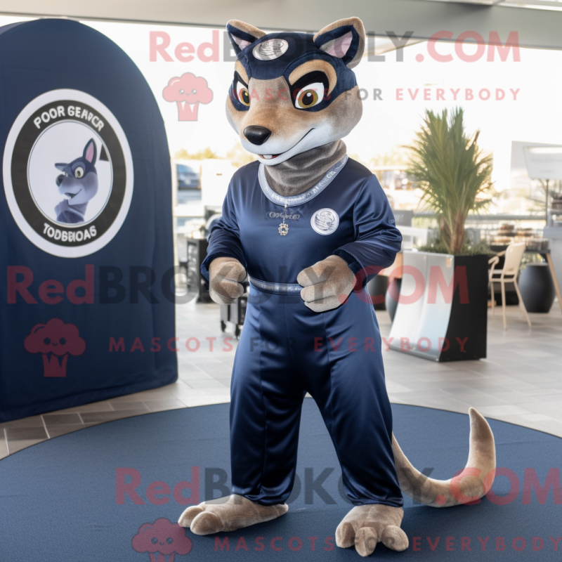 Mascot character of a Navy Thylacosmilus dressed with a Jumpsuit and Coin purses