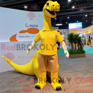 Mascot character of a Yellow Brachiosaurus dressed with a Polo Tee and Suspenders