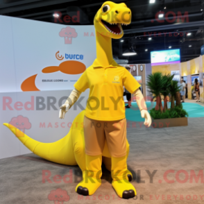 Mascot character of a Yellow Brachiosaurus dressed with a Polo Tee and Suspenders