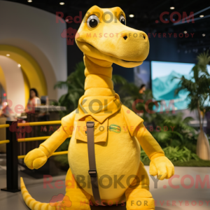 Mascot character of a Yellow Brachiosaurus dressed with a Polo Tee and Suspenders