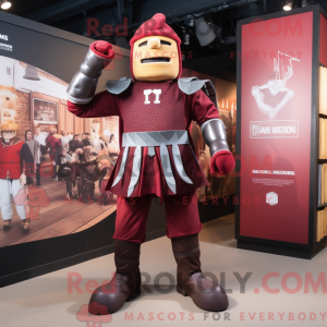 Mascot character of a Maroon Medieval Knight dressed with a Rugby Shirt and Suspenders