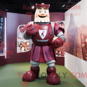 Mascot character of a Maroon Medieval Knight dressed with a Rugby Shirt and Suspenders