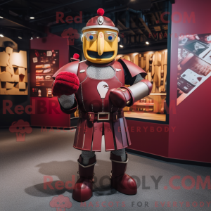 Mascot character of a Maroon Medieval Knight dressed with a Rugby Shirt and Suspenders
