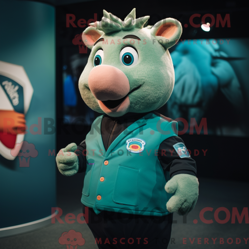 Mascot character of a Teal Sow dressed with a Vest and Lapel pins