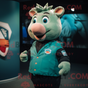 Mascot character of a Teal Sow dressed with a Vest and Lapel pins