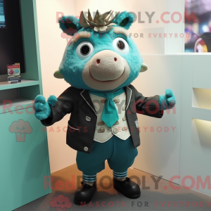 Mascot character of a Teal Sow dressed with a Vest and Lapel pins