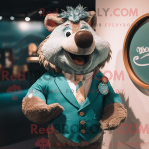 Mascot character of a Teal Sow dressed with a Vest and Lapel pins