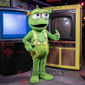 Mascot character of a Lime Green Television dressed with a Dungarees and Bow ties