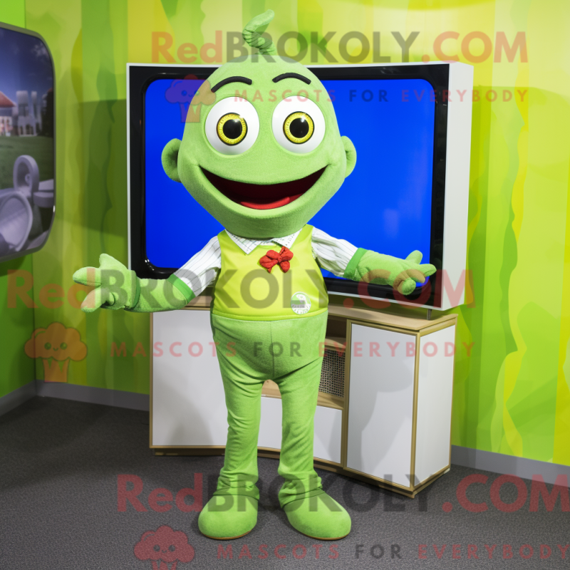 Mascot character of a Lime Green Television dressed with a Dungarees and Bow ties