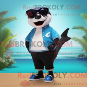 Mascot character of a Navy Killer Whale dressed with a Bermuda Shorts and Eyeglasses