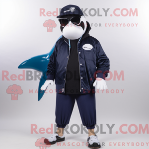 Mascot character of a Navy Killer Whale dressed with a Bermuda Shorts and Eyeglasses