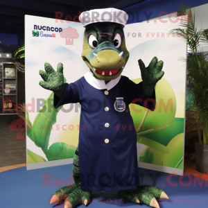 Mascot character of a Navy Crocodile dressed with a Maxi Dress and Beanies