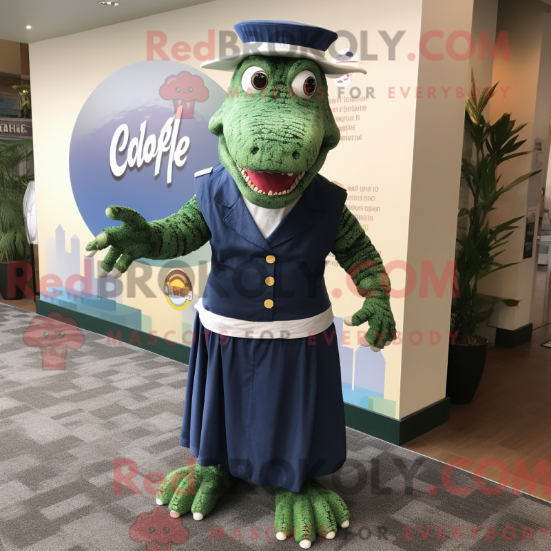 Mascot character of a Navy Crocodile dressed with a Maxi Dress and Beanies