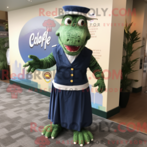 Mascot character of a Navy Crocodile dressed with a Maxi Dress and Beanies