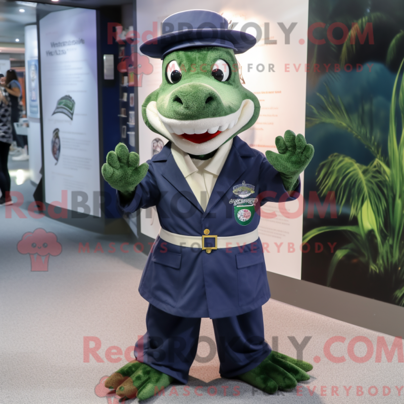Mascot character of a Navy Crocodile dressed with a Maxi Dress and Beanies