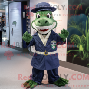 Mascot character of a Navy Crocodile dressed with a Maxi Dress and Beanies