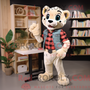 Mascot character of a Cream Panther dressed with a Flannel Shirt and Wallets