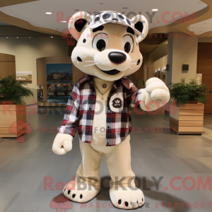 Mascot character of a Cream Panther dressed with a Flannel Shirt and Wallets