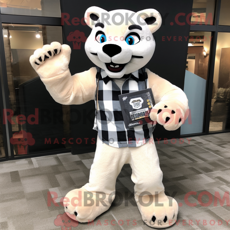 Mascot character of a Cream Panther dressed with a Flannel Shirt and Wallets