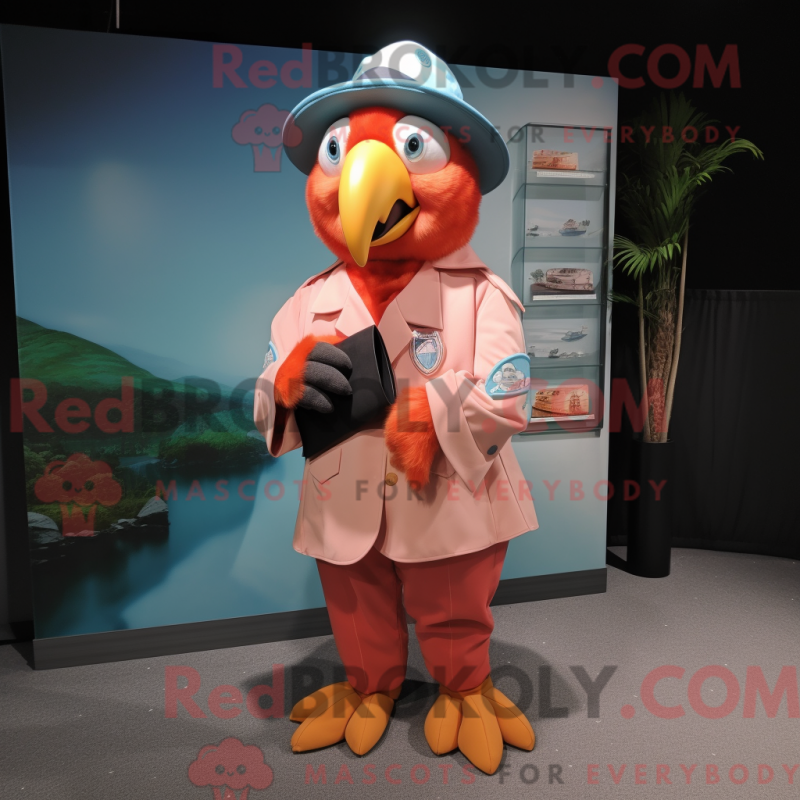 Mascot character of a Peach Macaw dressed with a Dress Shirt and Hat pins