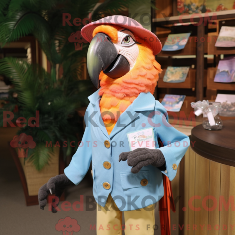 Mascot character of a Peach Macaw dressed with a Dress Shirt and Hat pins