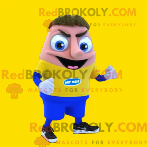 Mascot character of a Lemon Yellow Moussaka dressed with a Running Shorts and Digital watches