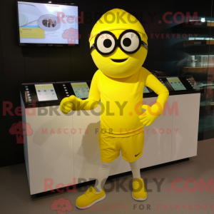 Mascot character of a Lemon Yellow Moussaka dressed with a Running Shorts and Digital watches