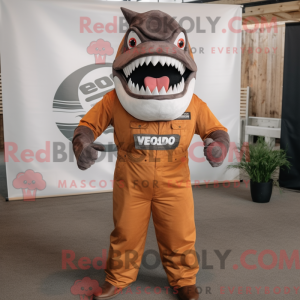 Mascot character of a Rust Megalodon dressed with a Jumpsuit and Headbands