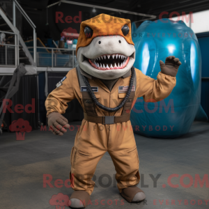 Mascot character of a Rust Megalodon dressed with a Jumpsuit and Headbands