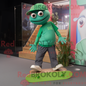 Mascot character of a Green Skateboard dressed with a Trousers and Tote bags