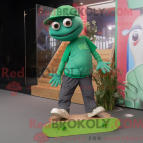 Mascot character of a Green Skateboard dressed with a Trousers and Tote bags